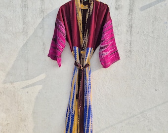 Tie Dye Silk Kimono Robe, Recycled Saree, Women's Wear