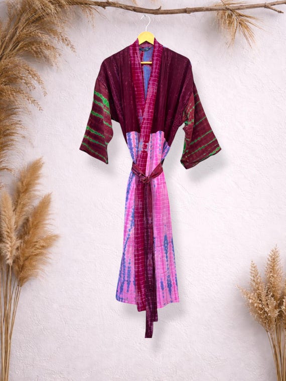 Silk Tie Dye Kimono, Crepe Robe, US 14-20