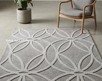 Hand-Tufted Wool Rug, Grey Geometric 3D Carved Carpet, India Handmade Decor