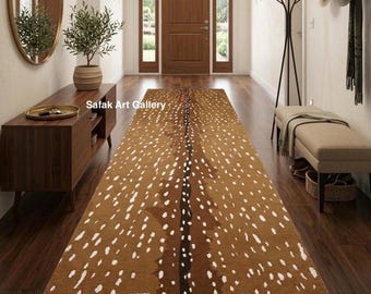May include: A long rectangular runner rug featuring a brown base colour with a white spotted pattern and a dark brown central stripe. The rug displays the text Safak Art Gallery printed on its surface, positioned in a hallway setting.