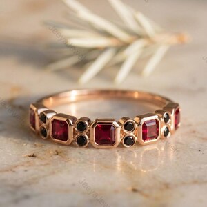 Art Deco Ruby Onyx Stacking Ring, 14K Rose Gold, July Birthstone Jewelry