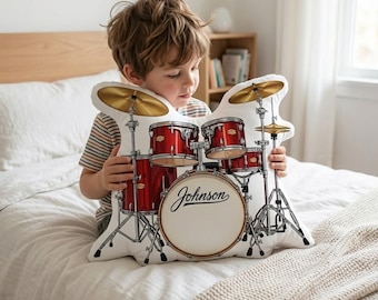 Aangepast kussen drumstel – rood percussieontwerp – gevormd pluche, muziekdecor