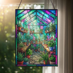 May include: Stained glass panel depicting a greenhouse interior filled with potted plants. The artwork features a colorful, mosaic-like design with shades of green, blue, purple, and pink. The plants are arranged on wooden shelves and the floor is a stone pathway.