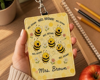 Porta-crachá para professor, estojo para cartão de identificação com estampa de favo de mel e abelha amarela, bolsa para cordão.