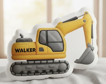 Oreiller de pelle en peluche personnalisé : forme de véhicule réaliste, nom imprimé en détail, thème de construction décoratif