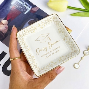 Spersonalizowana tacka na biżuterię z okazji ukończenia szkoły, ceramiczny uchwyt na pierścionki, złoty wzór kwiatowy