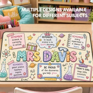 May include: A rectangular desk mat featuring a grid pattern background with science-themed illustrations including test tubes, beakers, planets, and DNA strands. The text reads MRS DAVIS, along with various educational reminders and science quotes.