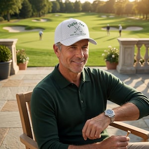 K&ouml;nnte beinhalten: Ein Mann tr&auml;gt eine wei&szlig;e Baseballkappe mit dem Text "Eight-Tee" und gekreuzten Golfschl&auml;gern. Die Kappe wird mit einem dunkelgr&uuml;nen Poloshirt kombiniert. Der Hintergrund zeigt einen Golfplatz.
