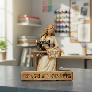 Op de afbeelding: Een uitgesneden beeldje van een persoon met lang haar in een crèmekleurige jurk, zittend aan een houten tafel met een zwarte naaimachine. Op de machine staat de naam Emily. De voet bevat de tekst JUST A GIRL WHO LOVES SEWING.