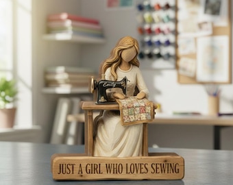 Bloque de madera de costura personalizado, exhibición de máquina de coser para sala de manualidades