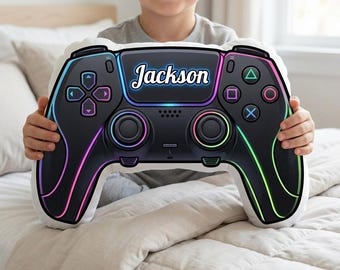 Oreiller en peluche personnalisé : forme de manette de jeu vidéo, contour néon, décoration d'intérieur