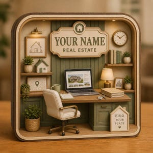 May include: A miniature diorama of a real estate office featuring a desk, a laptop displaying a house listing, a swivel chair, and shelves with potted plants, books, and a clock. The wall sign reads YOUR NAME REAL ESTATE and FIND YOUR PLACE.