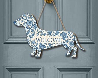 Trädörrskylt med tax, hundformad hängande välkomstskylt, blå blommig väggdekoration med toile
