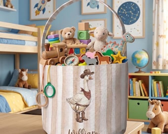Cesta de tela personalizada para guardar juguetes de Pascua, diseño de rayas de ganso vaquero