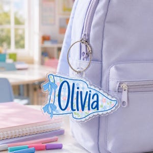 Pennant Name Tag, Blue Gingham Floral Teacher Backpack Tag