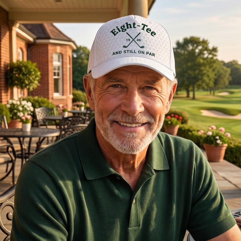 K&ouml;nnte beinhalten: Eine wei&szlig;e Golfkappe mit dem gr&uuml;nen Text "Eight-Tee 1946 AND STILL ON PAR". Die Kappe hat ein Design mit gekreuzten Golfschl&auml;gern. Die Person auf dem Bild tr&auml;gt ein gr&uuml;nes Poloshirt.