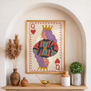 Queen of Hearts Wall Art Print | Colorful Playing Card Digital Download | Maximalist Card Decor | Dopamine Queen Illustration | Preppy Art