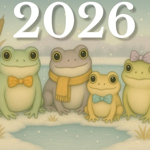 May include: Illustration featuring four cartoon frogs in a snowy scene. The frogs are various shades of green and gray, wearing bow ties and a scarf. The year "2026" is displayed above them. Reeds and a pond are in the background.