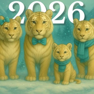 Könnte beinhalten: Illustration einer Tigerfamilie mit dem Jahr 2026 in weißem Text darüber. Die Tiger tragen türkisfarbene Schleifen und Schals. Der Hintergrund zeigt eine verschneite Landschaft mit Nadelbäumen und Bergen.
