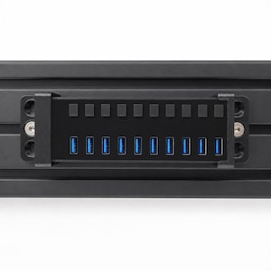 May include: A black USB hub featuring ten blue ports arranged in a single horizontal row, mounted onto a black grooved aluminum extrusion frame with two metal brackets secured by silver screws, positioned above a row of ten black square buttons.