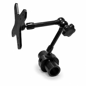 May include: A black articulated mounting arm featuring a VESA-style mounting plate at one end and a cylindrical clamp base at the other. The arm includes two adjustable segments connected by a central locking knob to secure the desired position.