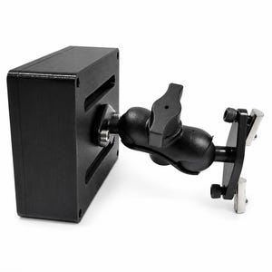 May include: A black mounting bracket system featuring a rectangular base plate, a central adjustable ball-and-socket joint with a tightening knob, and a small mounting head with two silver-colored metal prongs and black adjustment screws.