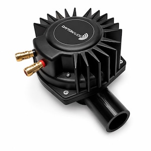 May include: A black Dayton Audio tactile transducer featuring a circular top with radiating cooling fins, a central logo, and two gold-plated binding posts with red and black rings. A smooth, cylindrical black port extends from the base.