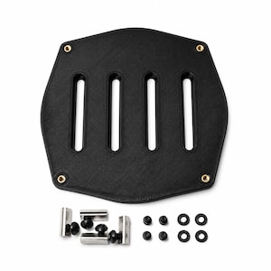 May include: A black, textured, hexagonal mounting plate featuring four vertical slots and four brass-colored corner inserts. Included are three silver metal T-slot nuts with attached black screws, four small black screws, and four black circular washers.