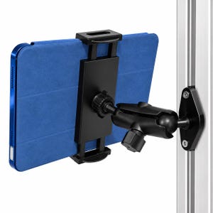 May include: A blue tablet in a protective case held by a black adjustable mount. The mount features a ball-and-socket joint with a tightening knob, attached to a vertical silver metal rail via a black triangular base plate with two screws.