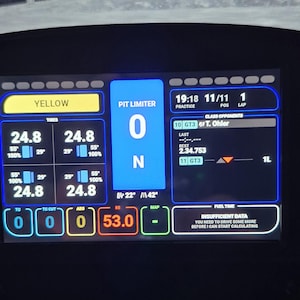 May include: A digital dashboard displays racing data. The screen shows tire pressures, lap times, and pit limiter information. The text includes "YELLOW", "PIT LIMITER", and "FUEL TIME". The display is in a black frame.