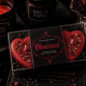 May include: Two red heart-shaped candles in a clear plastic box with a black paper sleeve. The sleeve features the text Sacred Raddie Society, Obsessed, and 2 Heart Candles. Love. Fixated. Yours. The candles are topped with dried flower petals.