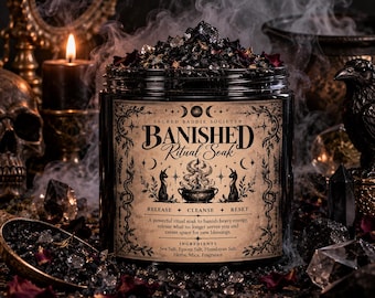 May include: A black jar filled with dark ritual soak, topped with crystals and dried petals. The label reads Sacred Baddie Society, Banished Ritual Soak, Release, Cleanse, Reset, and lists ingredients including sea salt, Epsom salt, and Himalayan salt.