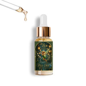 May include: A clear glass dropper bottle with a gold cap containing a light amber liquid. The label features a green background with a fairy illustration, the text "Sacred Badou Society," "Pixie Dust," and "Inner Child Healing Ritual Oil."