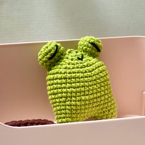 Puede incluir: Un peluche de rana tejido a ganchillo en color verde claro con una superficie de hilo texturizado, dos ojos redondeados con líneas horizontales negras bordadas como pupilas y una pequeña boca negra en forma de V bordada en el centro.