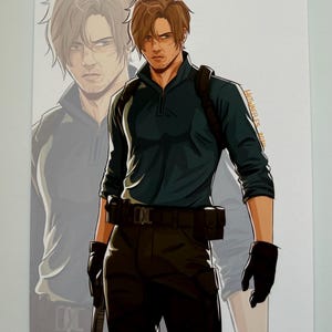 May include: Illustration of a man in a dark green long-sleeved shirt, black pants, and gloves. He has brown hair and a serious expression. A faded image of the man is in the background. The artist's signature is visible.