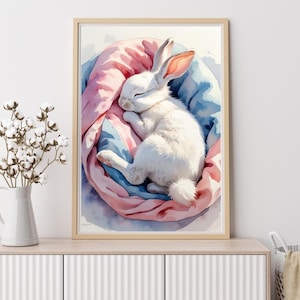 Pastel Watercolor Baby Rabbit Nursery Wall Art , Digital Download