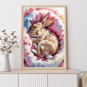 Rabbit Watercolor Wall Art, Cozy Bedroom Decor, Digital Download