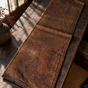 May include: A rectangular table runner made of dark brown, textured fabric with a distressed, mottled appearance. The runner features visible stitching along the edges and a woven surface texture, displaying variations in colour from deep brown to rust.