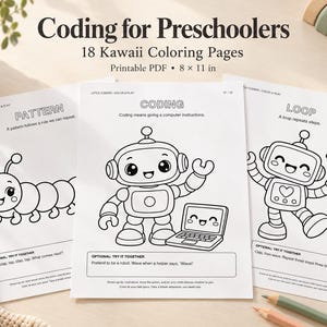Puede incluir: Un conjunto de 18 páginas para colorear imprimibles de 20 x 28 cm tituladas Coding for Preschoolers. Las páginas presentan dibujos lineales en blanco y negro de una oruga, un robot con una computadora portátil y un robot bailando.