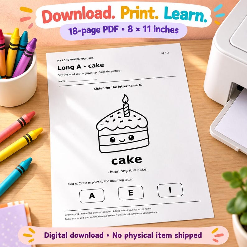 Long Vowel Worksheets | 18 Kawaii Coloring & Phonics Pages | A E I O U