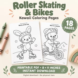 Op de afbeelding: Een set van 18 printbare kleurplaten getiteld Roller Skating & Bikes met lijntekeningen van een konijn op rolschaatsen en een beer op een fiets. De pagina's zijn 20 x 28 cm en bevatten de tekst Take your time. Color your way.