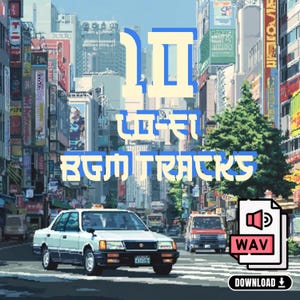 Puede incluir: Imagen pixelada de una escena de calle urbana con un taxi blanco en primer plano. El texto "10 Life BGM Tracks" está en azul y blanco. Un icono de archivo WAV y un botón de descarga son visibles.