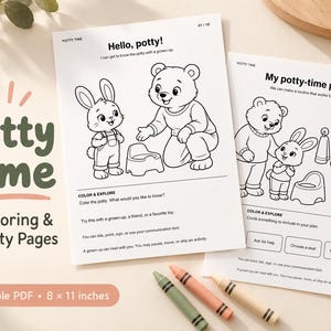 Könnte beinhalten: Zwei weiße Papierbögen mit schwarzen Strichzeichnungen zum Ausmalen. Die Seiten enthalten Texte wie Potty Time, Hello, potty! und My potty-time plan und zeigen einen Bären und einen Hasen. Drei Buntstifte in Grün, Pfirsich und Beige liegen unter den Blättern.