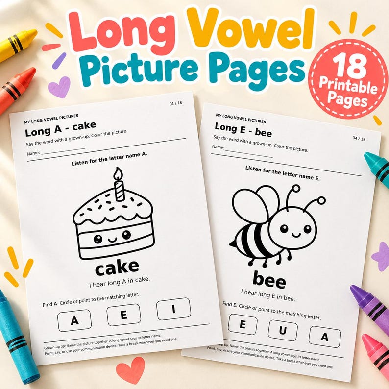 Long Vowel Worksheets | 18 Kawaii Coloring & Phonics Pages | A E I O U