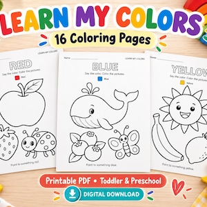 Puede incluir: Un conjunto de 16 páginas para colorear imprimibles tituladas LEARN MY COLORS. Las páginas presentan ilustraciones de líneas en blanco y negro de una manzana, fresa, mariquita, ballena, arándanos, mariposa, sol, plátano y limón con etiquetas de color.