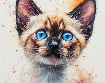 Pacote de Clipart de Gatos Siameses – Imagens de Gatinhos em Aquarela, Arte de Parede para Imprimir (Download Digital)