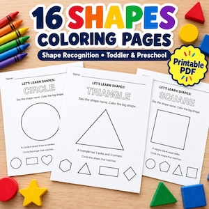 Könnte beinhalten: Ein Set aus 16 Formen-Malvorlagen für Kleinkinder und Vorschulkinder mit druckbaren PDF-Arbeitsblättern. Die Seiten enthalten Umrisse von Kreis, Dreieck und Quadrat mit Textanweisungen zum Lernen der Formen, Ausmalen und Einkreisen passender Figuren.