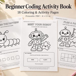 Beginner Coding Activity Book for Kids, 18 Kawaii Coloring & Puzzle Pages (Printable PDF)