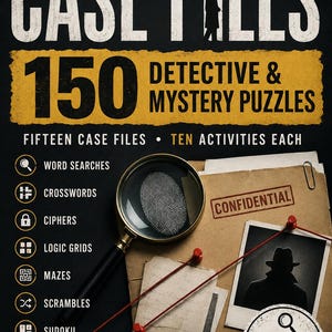 Puede incluir: Un libro titulado Case Files 150 Detective & Mystery Puzzles de Jennifer Crabtree. La portada muestra una lupa sobre una huella dactilar, la silueta de un hombre con sombrero, una carpeta confidencial y una lista de tipos de acertijos.
