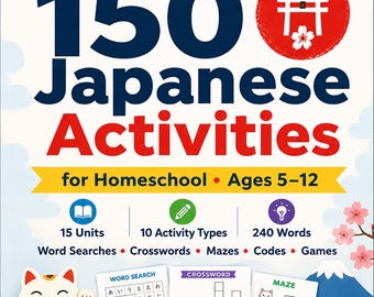 Japanese Activities for Kids Homeschool Workbook: Hiragana, Katakana, Puzzles (Digital Download)